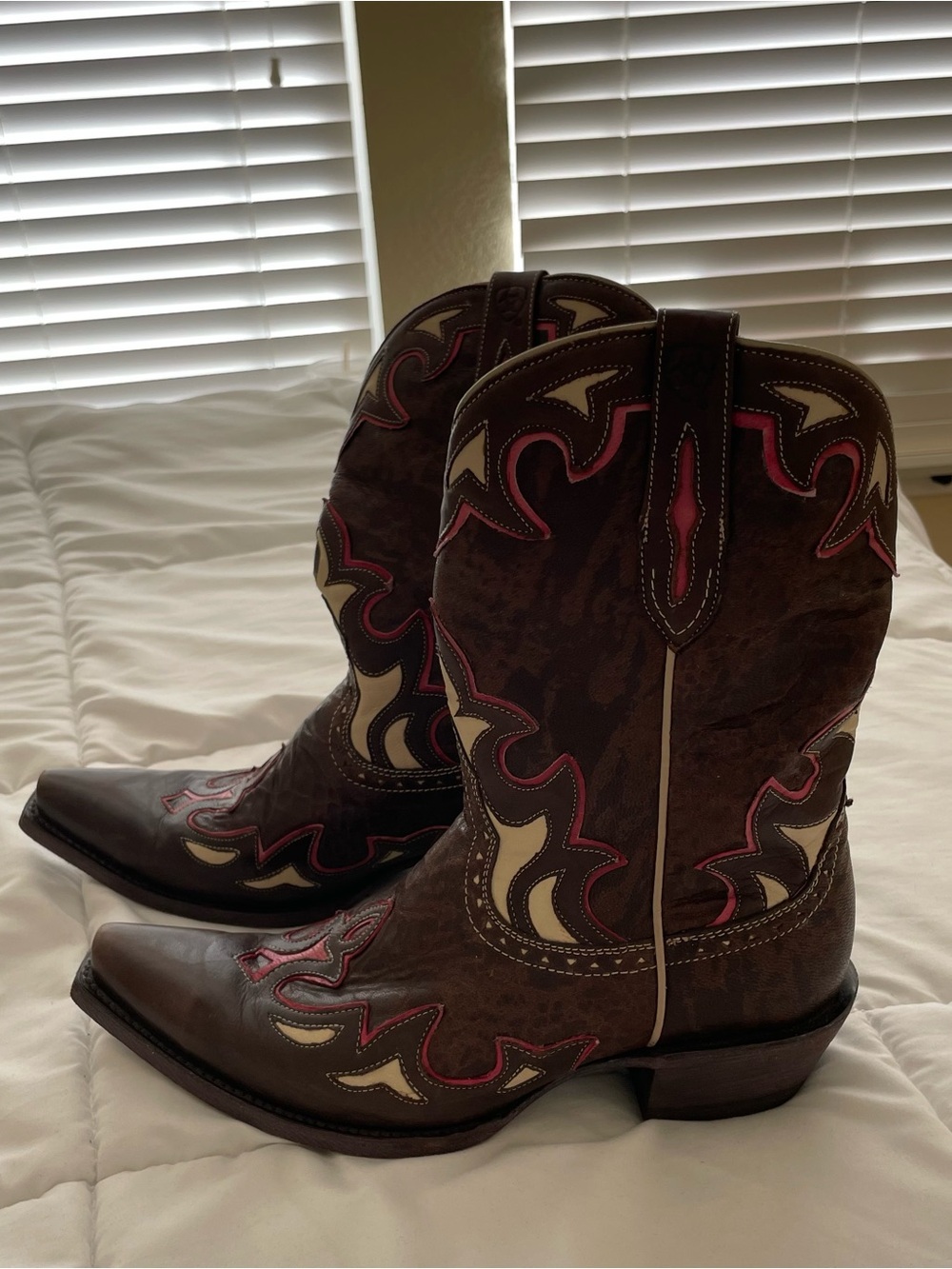 Ariat Brown Western Boots with Pink & Cream Embroidery